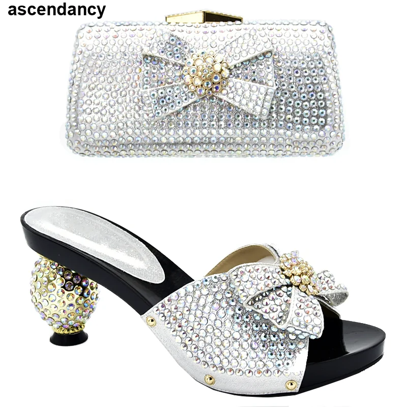 

Latest Luxury Shoes Women 2019 Italian Shoes with Matching Bags Set Decorated with Rhinestone Summer High Heeled Shoes for Women