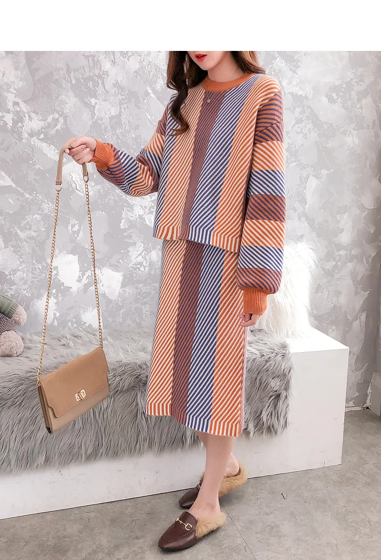 BLLOCUE Elegant Ladies Striped Sweater Jumpers+Skirt 2 Piece Set Women Fashion Loose Long Sleeve Knitted Pullovers Skirt Suits