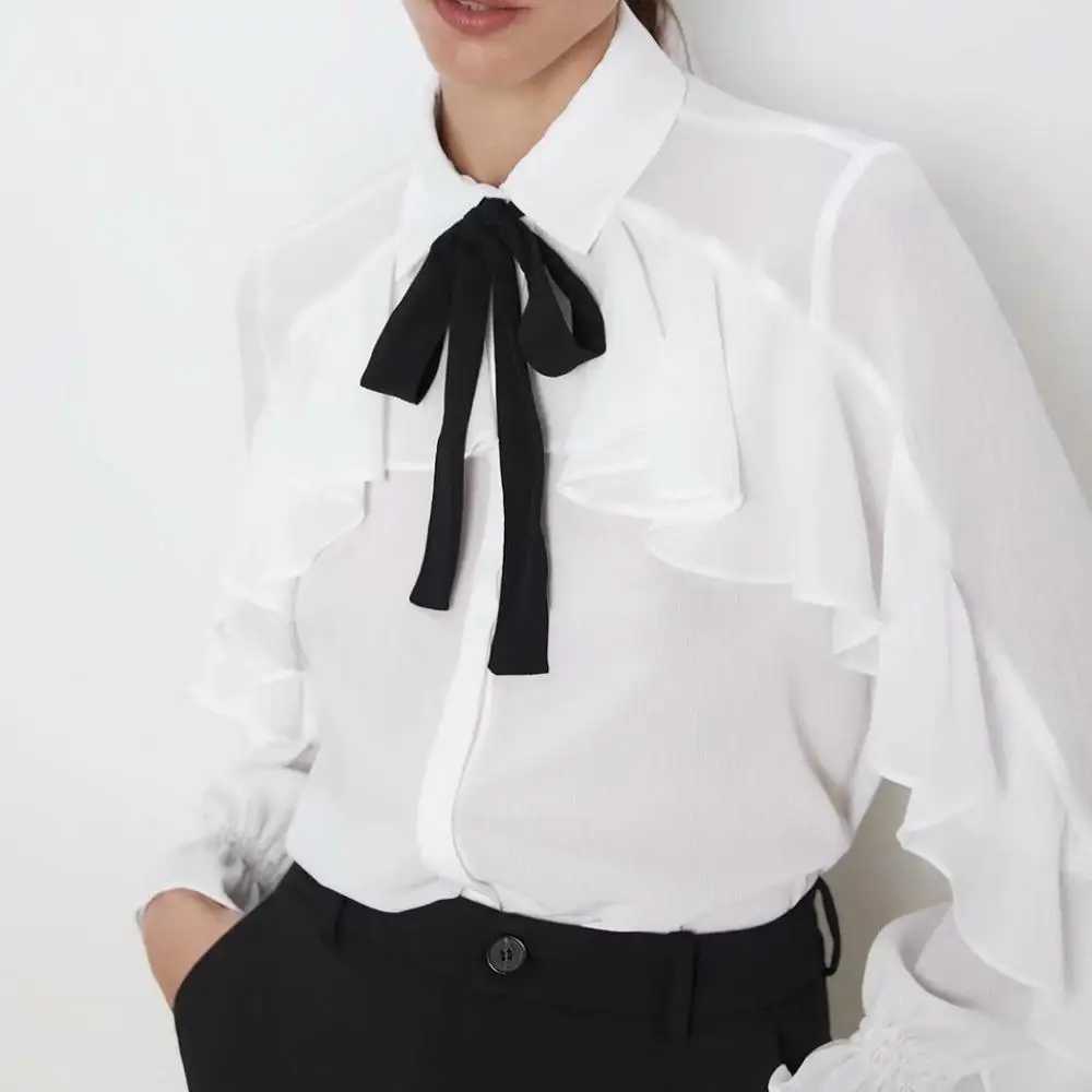 

Office Chiffon White Blouses Women Autumn Ruffle With Black Bow Long Sleeve Tops And Blouses For Ladies