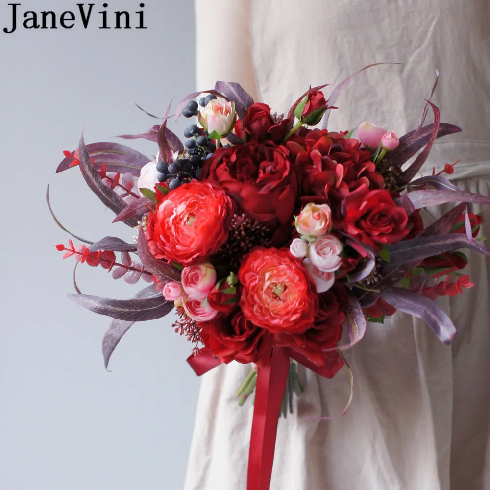 JaneVini Vintage Red Fleurs Rose Burgundy Wedding Bouquet Charm European Peony Bride Flower Bouquets Artificial Bridal Brooches