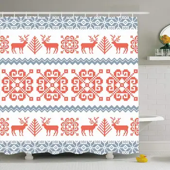 

Shower Curtain Set with Hooks 60x72 Traditional Scrapbook Christmas Snow Star Pattern Rose Reindeer Merry Tree Wool Textures