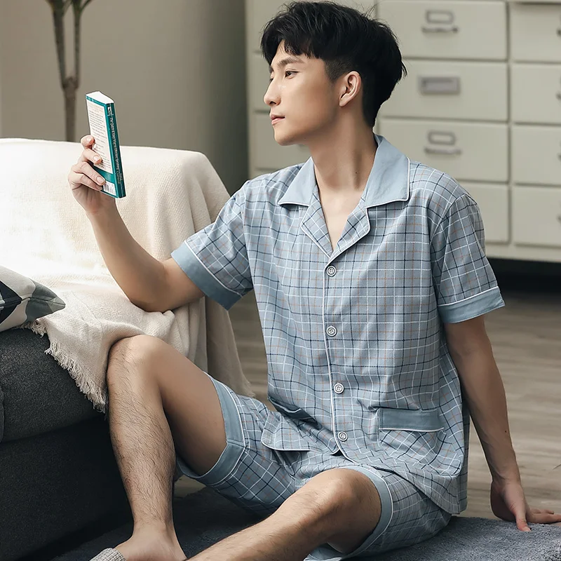 100% Cotton Pijama for Men 2 Pieces Lounge Sleepwear Pyjamas Plaid Autumn Bedgown Home Clothes Man PJs Pure Cotton Pajamas Set