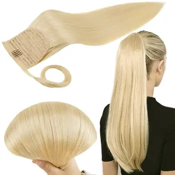 

Ugeat Clip in Ponytails Human Hair Extesions 14-24" Natural Soft Hair Bleach Blonde #613 Color Wrap Around Ponytails 60-80grams