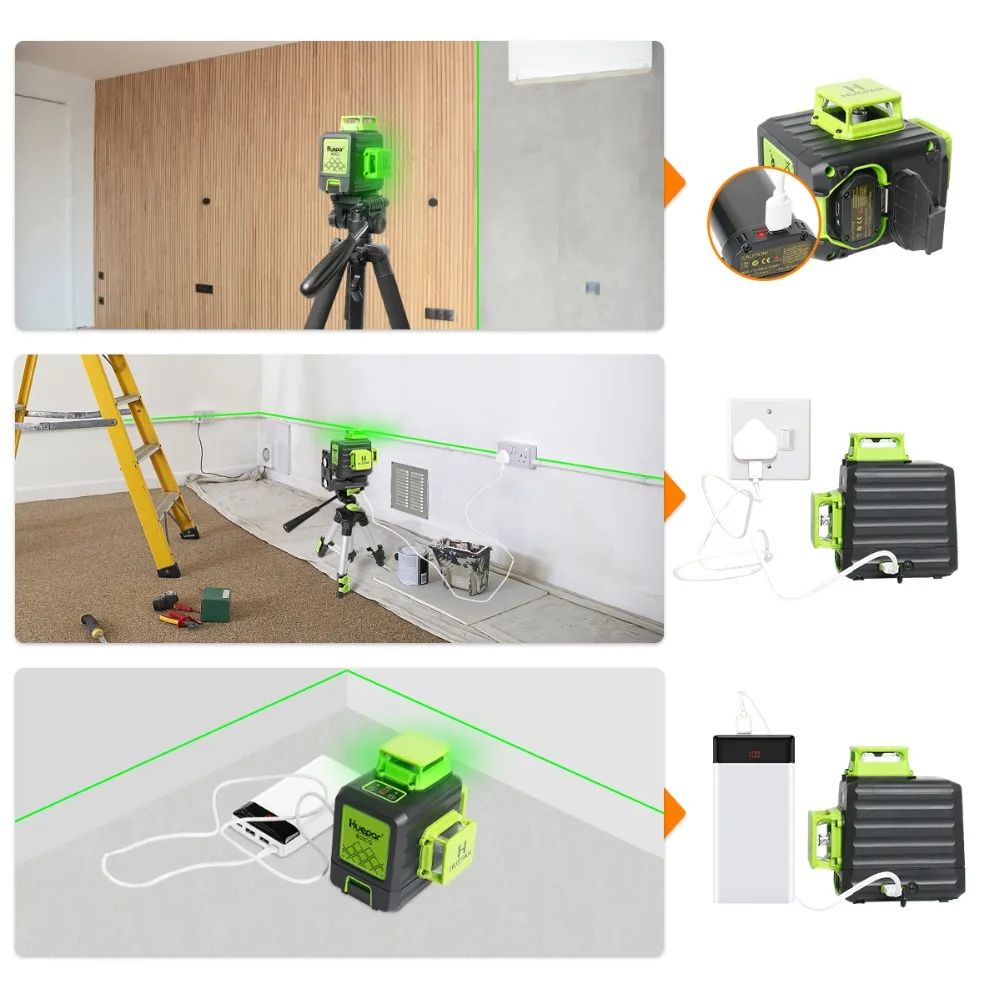 Huepar Laser level 3D Green Beam Tiling Floor Laser Tool with Li-ion  Batteries x 360 Cross Line Self-Leveling Leveling and Type-C Charge＿並行輸入 