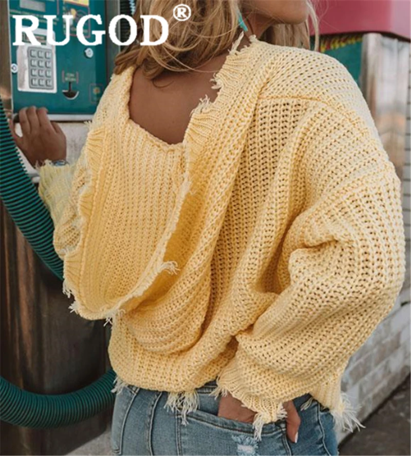 RUGOD/Женские однотонные вязаные толстовки с v-образным вырезом и кисточками; свободные большие размеры трикотаж; пуловеры; Новинка года; Осенняя модная женская элегантная одежда