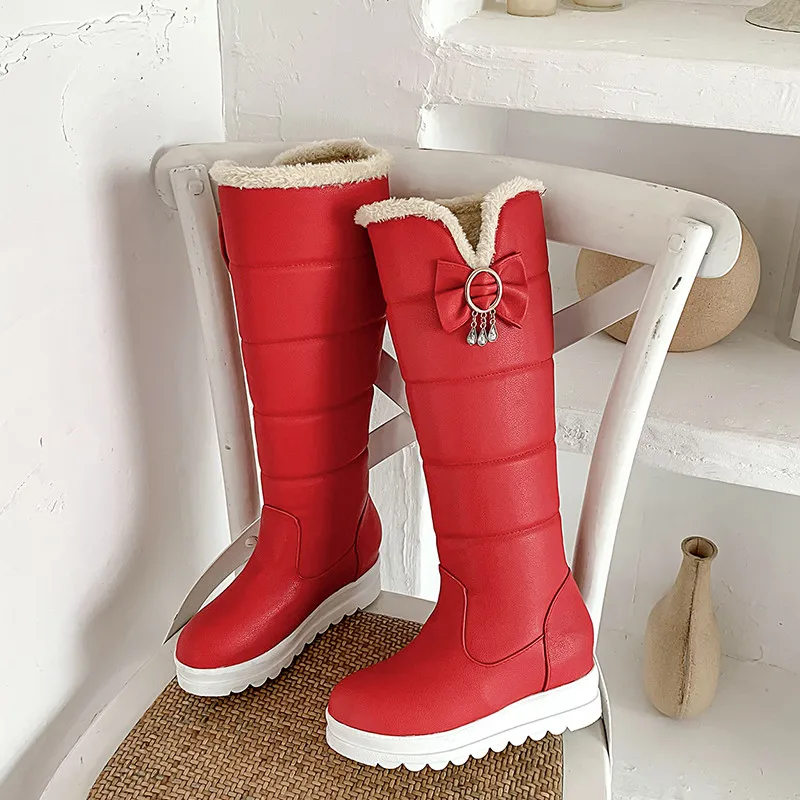 ESRFIYFE New Pu Leather Winter Boots Women Shoes Boots Knee High Boots Winter Warm Plush Thick Heel Platform Snow Boots