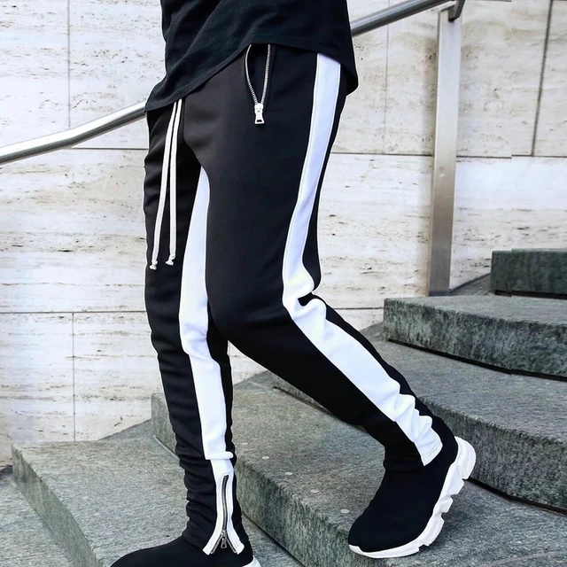 Mens Joggers zipper Casual Pants Fitness Sportswear Tracksuit Bottoms  Skinny Sweatpants Trousers Black Gyms Jogger Track Pants