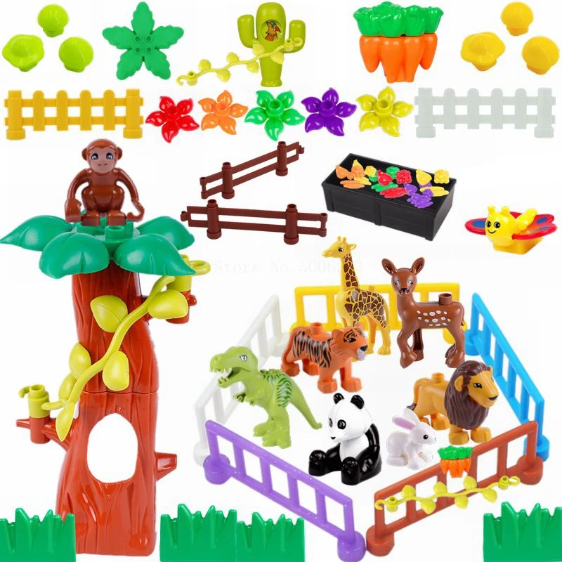 Duplo животные зоопарк динозавр обезьяна тигр Лев растение цветок забор модель