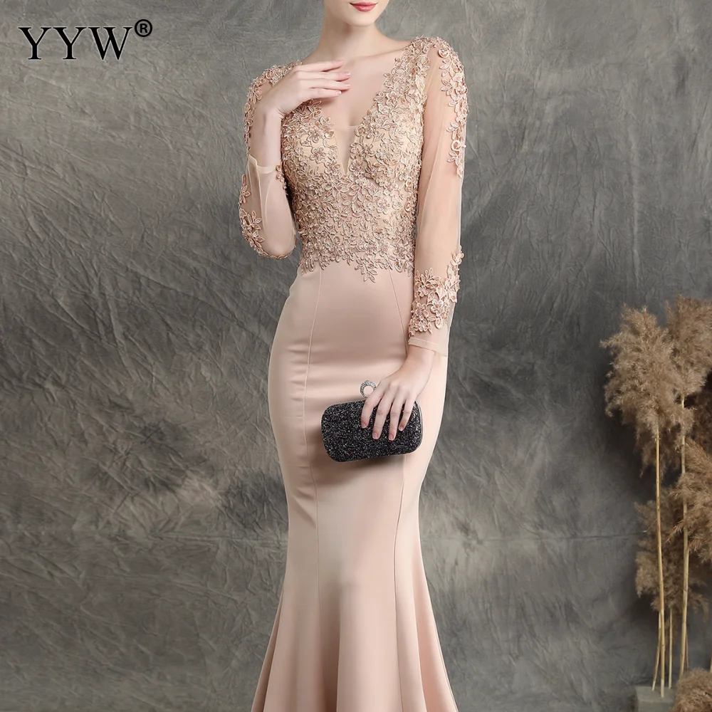 Women Evening Dress V Neck Applique Mesh Sleeve Sexy Robe De Soiree Backless Mermaid Elegant Long Party Dress Femme Formal Gowns