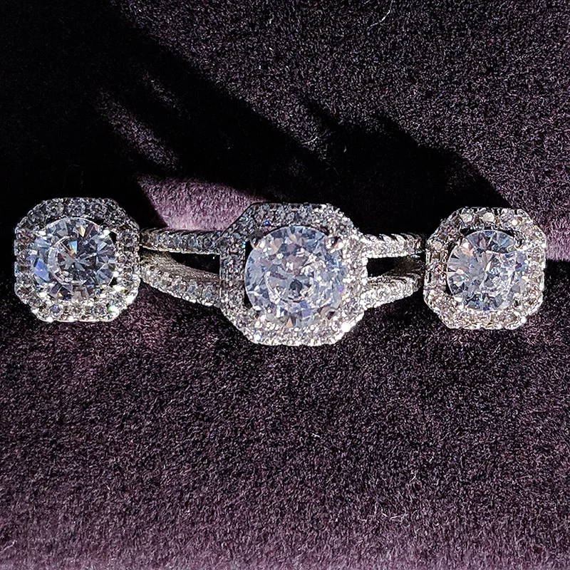 925 пробы серебряные ювелирные изделия набор halo обручальное кольцо круглые серьги-гвоздики для свадьбы Рождество подарок на день Святого Валентина вечерние J4946