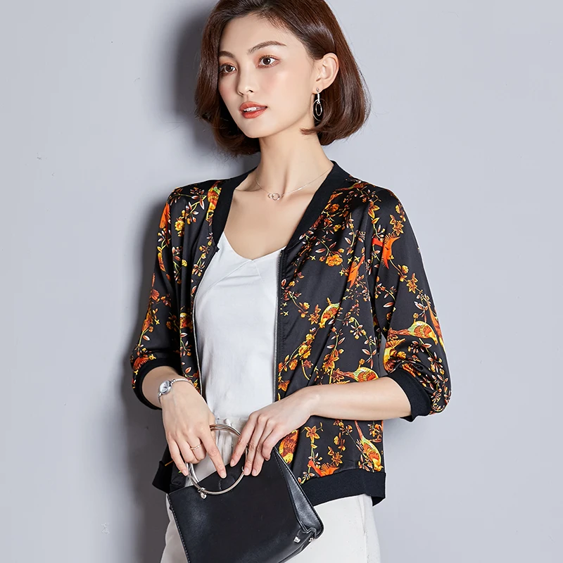 

Autumn Silk Women Jacket Floral Half Sleeve Jackets Women Baseball Jacket Black Short Jackets Plus Size XXXL Female Jacket