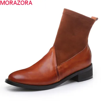 

MORAZORA 2020 Autumn genuine leather ankle boots low heel round toe simple ladies shoes solid color women brand boots