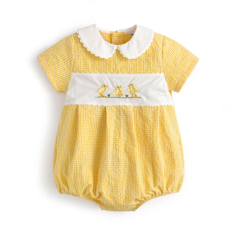 Spanish Baby Girl Plaid Romper Summer Newborn Embroidery Flower Cotton Jumpsuit Infant Baptism Yellow Rompers Toddler Clothes