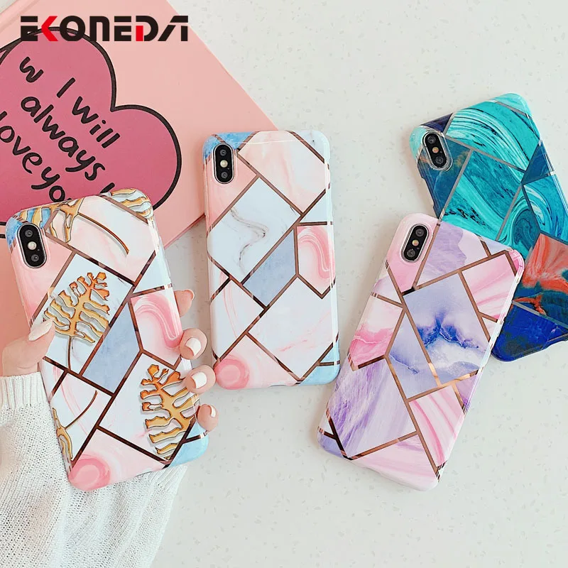 

EKONEDA Geometric Plated Marble Case For iPhone 11 Pro Max X XS Max XR Case Silicone Soft IMD Case For iPhone 7 6 6S 8 Plus