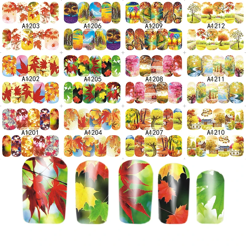 

12pc/sheet Transfer Water Stickers Decal Flower Maple Autumn Natural Pattern Sticker Wrap Tattoo Manicure Art Sticker Decoration