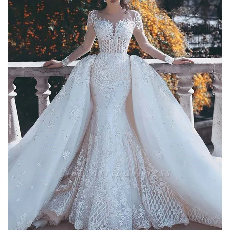 

2019 Gorgeous White Lace Wedding Dress with Detachable Train Illusion Long Sleeve Mermaid Wedding Gowns robe de mariee