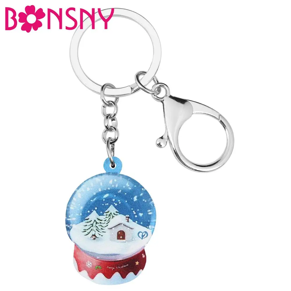 Bonsny Acrylic Christmas Tree Crystal Ball Snow House Key chains Ring Bag Car Purse Decoration Keychains For Women Girl Gift | Украшения и