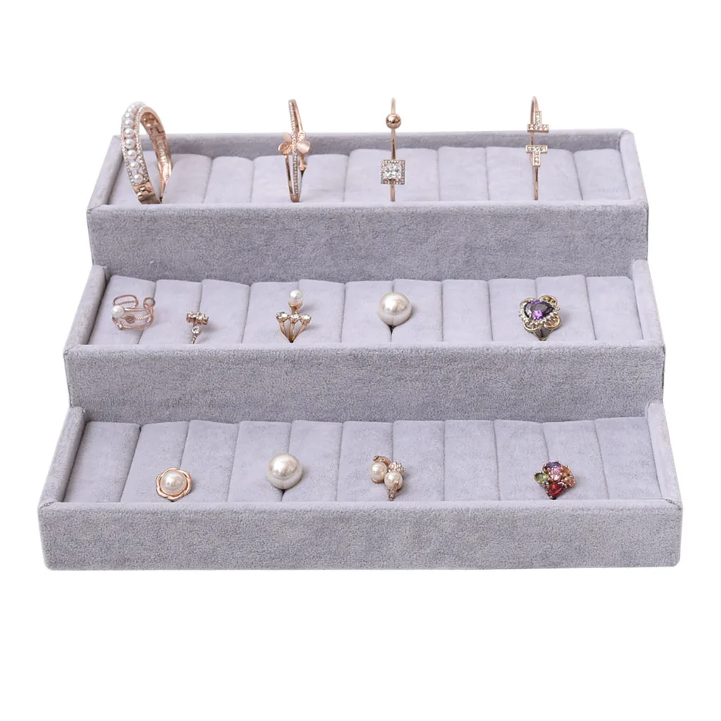 Ring Cufflinks Jewelry Display ShowCase Box 3-Layer Velvet Stand Holder Tray