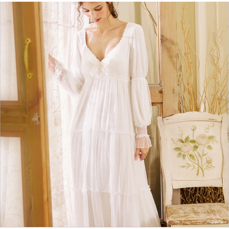 Осенняя брендовая ночная рубашка для женщин белое кружевное длинное платье женская хлопковая Ночная рубашка Женский Дворцовый стиль ночное белье с нагрудной накладкой