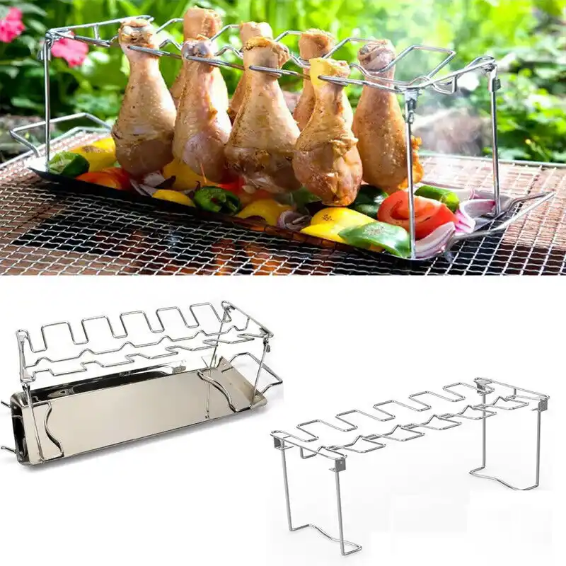 Outamateur Chicken Leg Wing Grill Rack 14 Slots Stainless Steel Roaster Stand BBQ Chicken Drumsticks Rack with Drip Tray and Barbecue Tongs for Picnic or BBQ