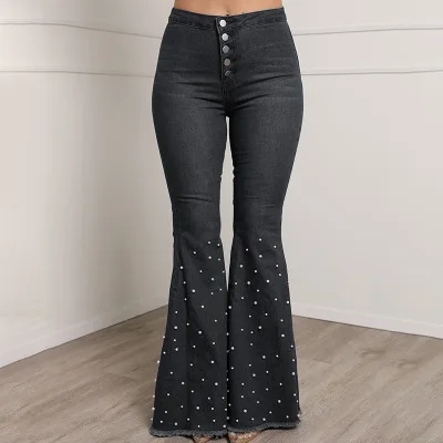 Для женщин Высокая талия джинсы из денима, тянущиеся Бисер Boot Cut металлическая кнопка Femme плюс Размеры брюки - Цвет: Серый