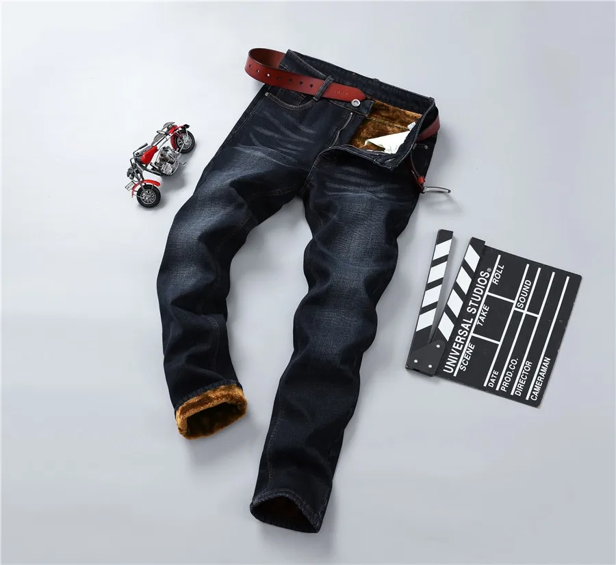 Winter Thermal Warm Flannel Stretch Jeans Mens Winter Quality Famous Brand Fleece Pants Men Straight Flocking Trousers Jean Male