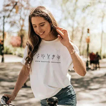 

Grow Positive Thought Tumblr T-shirt Plus Size Women Cotton Floral Print T Shirt Harajuku Short Sleeve Girl Tops Drop Shipping