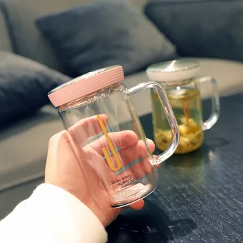 

Korean Simplified Transparent Glass Heat-resistant Filter Tea Cup with Handle Lid 350ml Large Capacity Household Milk Juice Cups