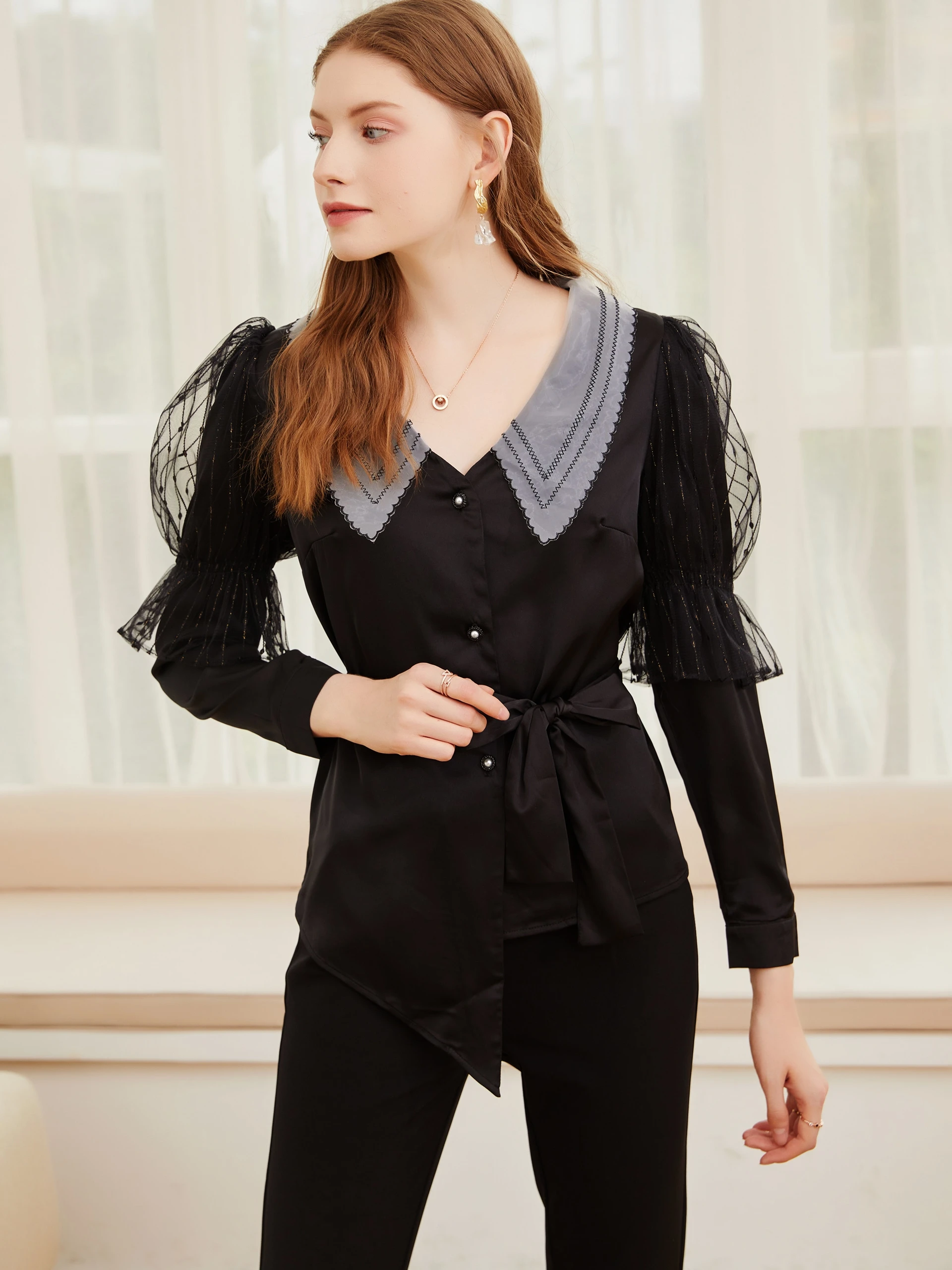 Camisa de gasa de señora nueva, camisa de diseño irregular, top de Organza con solapa profunda, 2021