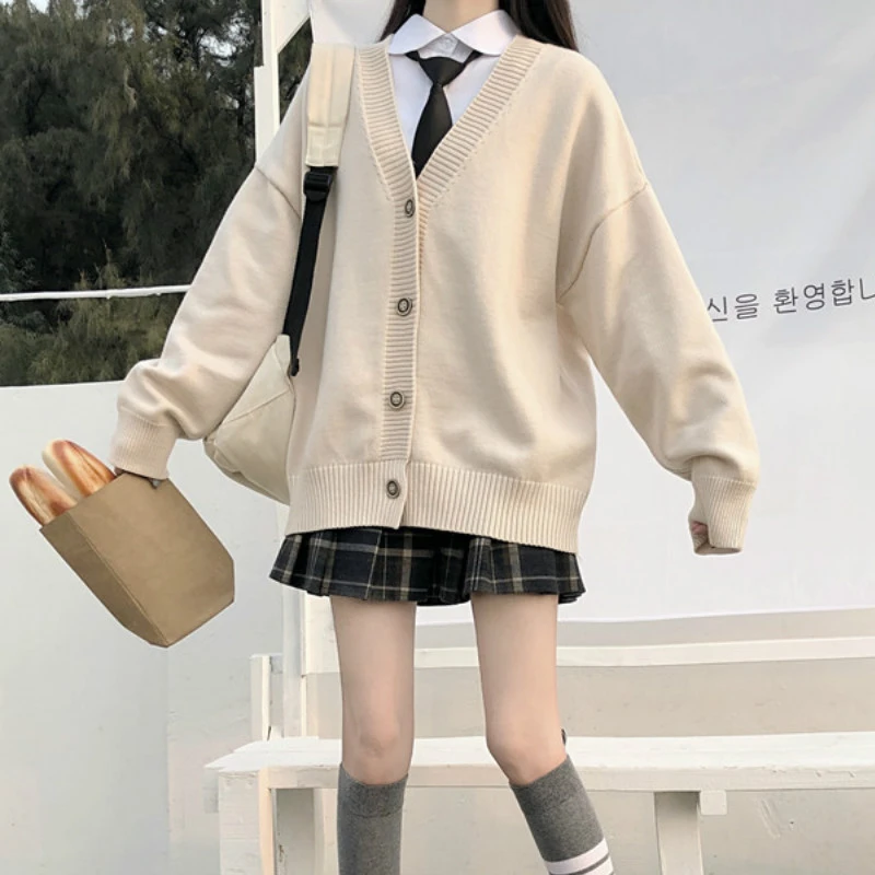 日本のファッショナブルなプレッピースタイルのjkルーズvネックカーディガン新しい女性のニットセーターアウターウェアjkコート女の子の制服 学生服 Aliexpress