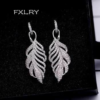 

FXLRY New Design Romantic White Color Out micro paved Zircon Hollow out leaves earrings For Women Fashion Jewelry