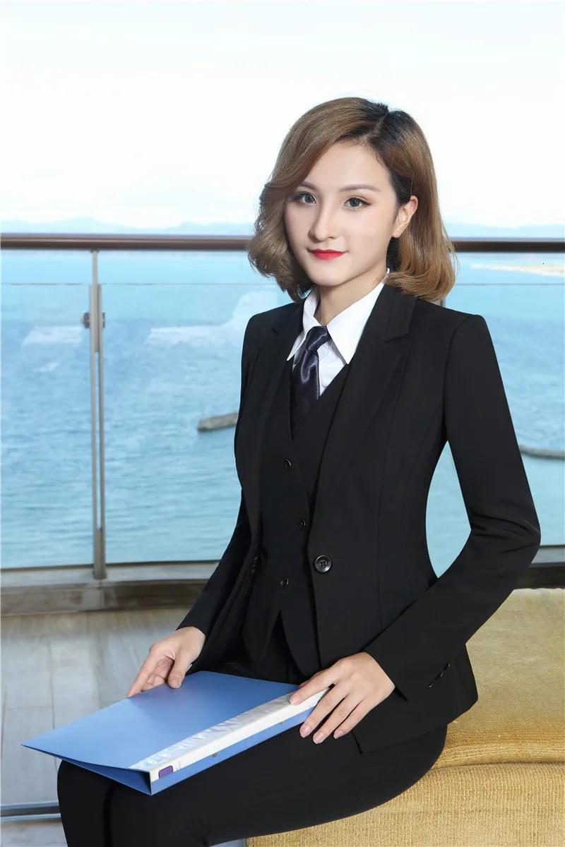 Formal 4 Piece Jackets+ Pants+ Vest& Waistcoat+ Blouses With Tie Uniform Designs Blazers For Ladies Pantsuits Pants Suits