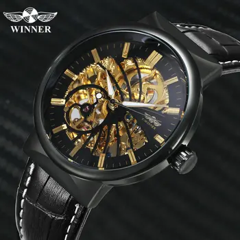 

WINNER Causal Men Cool Black Automatic Mechanical Watch Leather Strap Skeleton Dial Top Luxury Brand Fashion Male Wristwatch