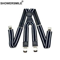 SHOWERSMILE Wide Suspenders Men Patchwork Leather Mens Trouser Belt X Back Black Braces Straps 4 Clips Suspender Male 4cm*120cm