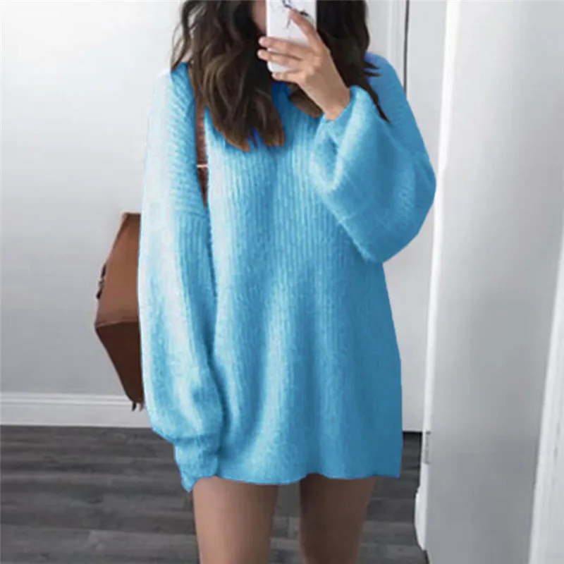 Truien Dames Cashmere Oversize Women Solid O-Neck Loose Knitted Warm Long Latern Sleeve Sweater Blouse Pull Femme Haute Qualit | Женская