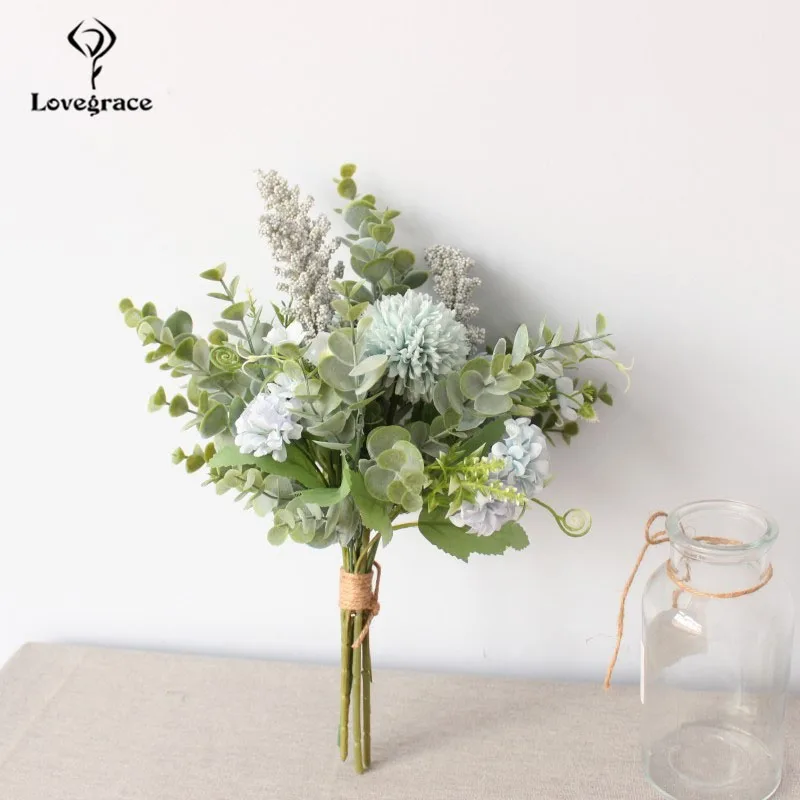 Lovegrace свадебный букет, искусственный шелк, крабяблоко, букет цветов, белый голубой помпон, листья эвкалипта, свадебные принадлежности
