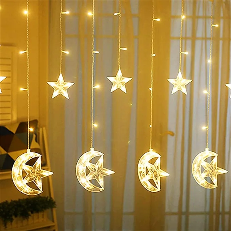 

Ins 220V Moon Star LED Fairy Light Christmas String Lights Holiday Light Curtain Lamp Garland For Window Wedding Decoration