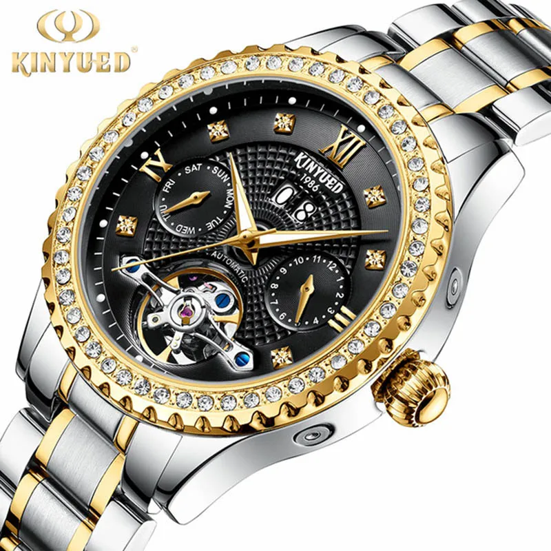 Топ бренд класса люкс Kinyued для мужчин s автоматические механические часы Золото Черный Tourbillon часы для мужчин Авто Дата relogio automatico homem