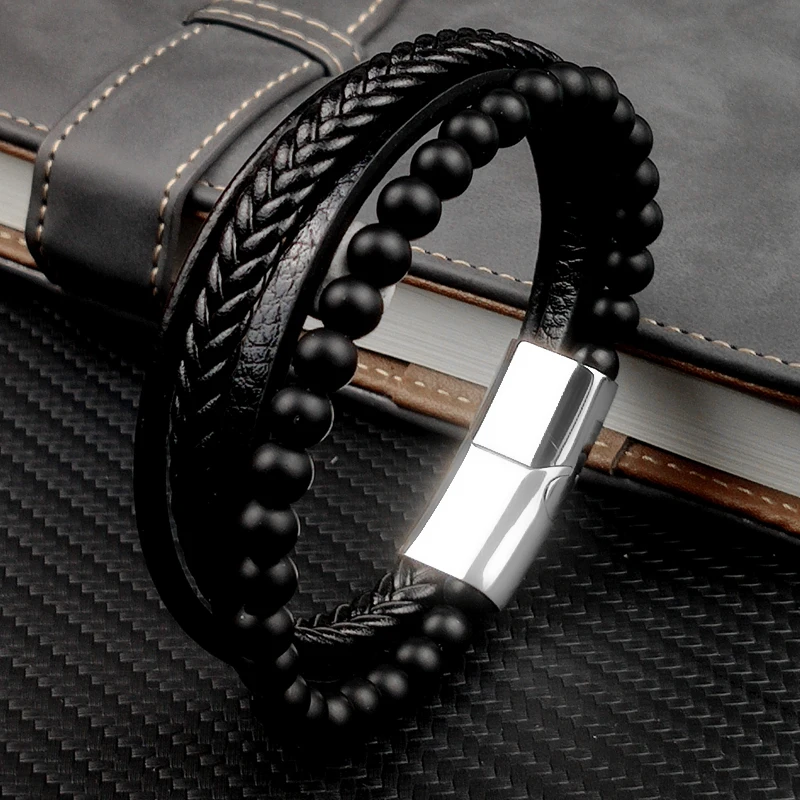 Natural Stone Multi-Layer Leather bracelet Black Stainless Steel Magnetic Clasp Tiger eye - Image 6