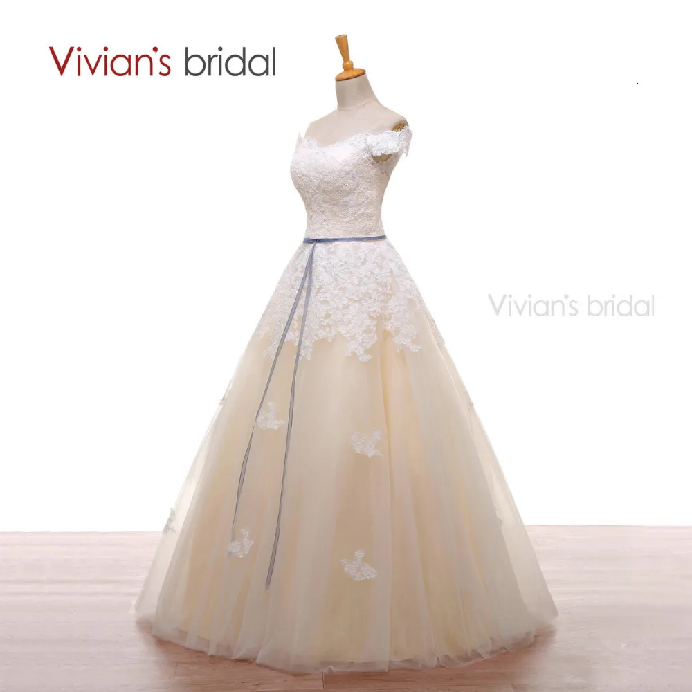 Boat Neck Champagne Wedding Dresses with White Lace (3)