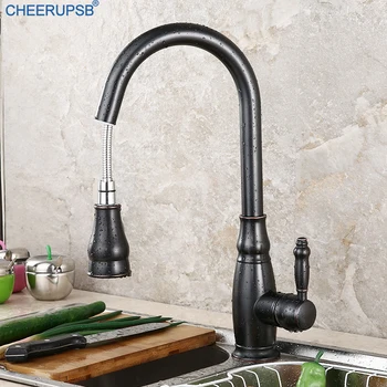 

Pull Down Kitchen Faucet Stream Sprayer Water Mixer Tap Retractable Black Copper Faucets Rotatable Pull Out Sink Taps Flexible