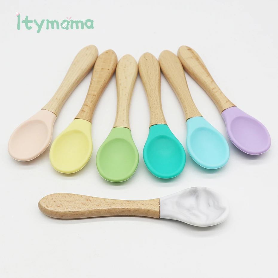 Itymama Детские Обучающие ложки из бука, Органическая Мягкая силиконовая для кормления малышей, ложка с кончиком, инструменты, совок, удобная рукоятка для малышей, не содержит бисфенол