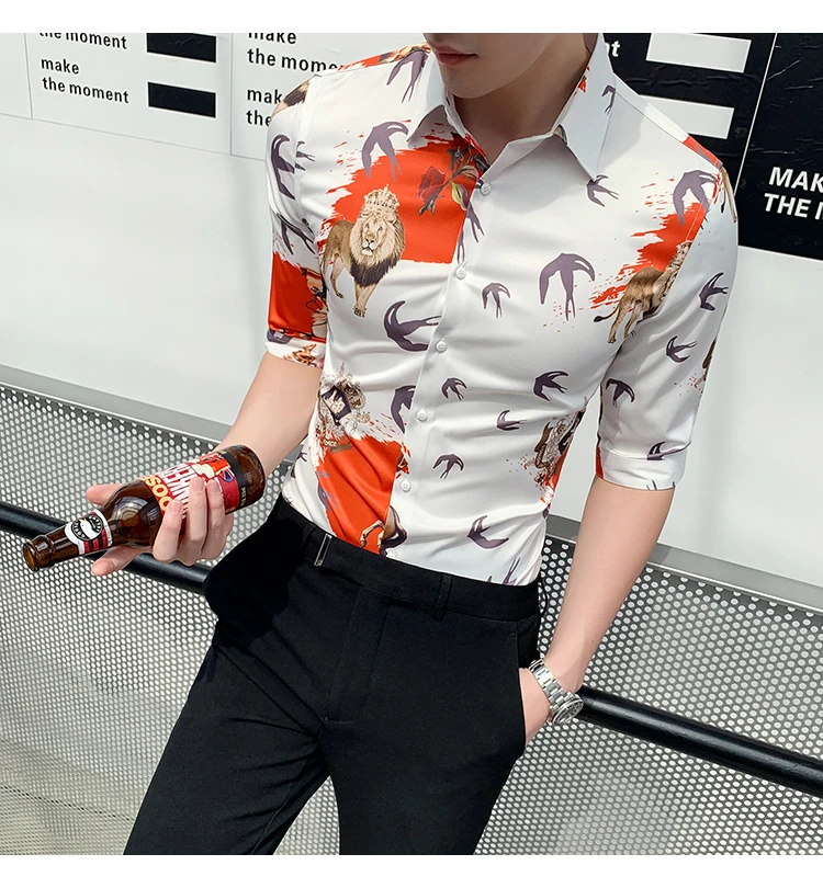 Рубашки с принтом Мужские повседневные приталенные рубашки Camisa Masculina рубашка с рукавом семь частей Красивая уличная одежда Camisas Feminina