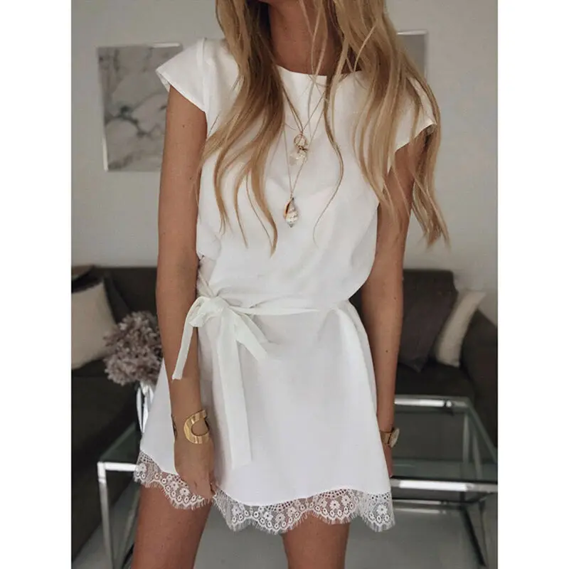 

Elegant Short Sleeve Bodycon Mini Dress Ladies Stretch High waist T shirt Dress Streetwear Women Summer Casual Plain Lace Dress