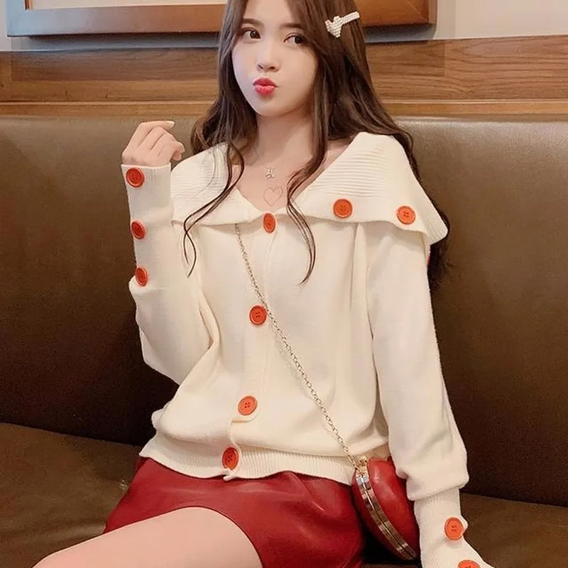 POLO Collar Knitted Cardigan Sweater Women Single-breasted Long-sleeved Casual Loose Female 2021 Autumn Winter Korean |