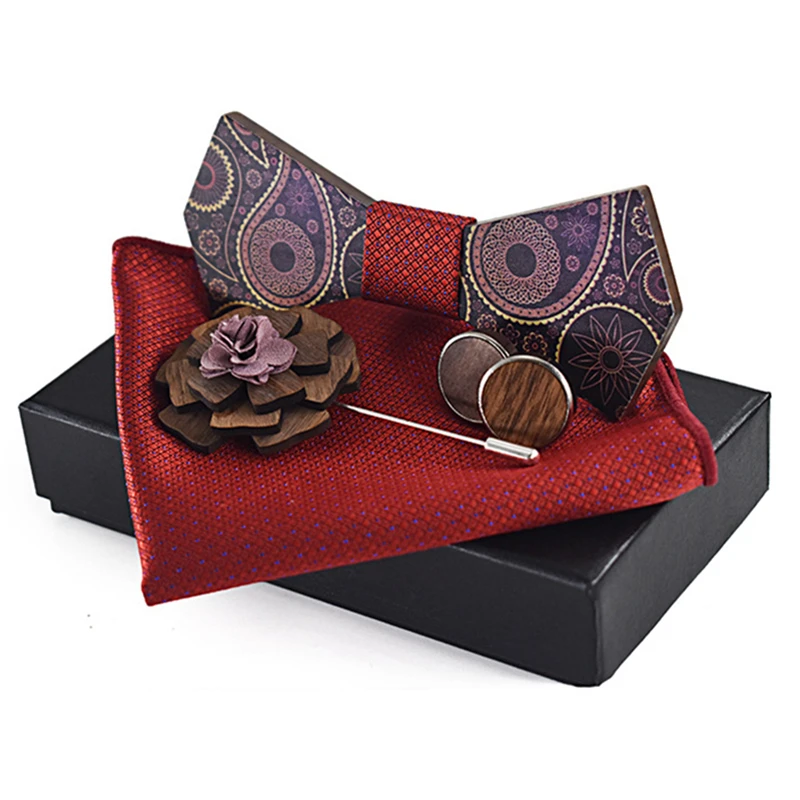 

dropshipping men gift items brooch pin cufflink mens print floral wood bow tie set with kerchief box for women