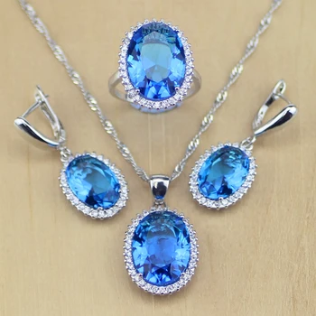 

925 Sterling Silver Jewelry Blue Crystal White CZ Jewelry Sets For Women Wedding Earrings/Pendant/Necklace/Rings