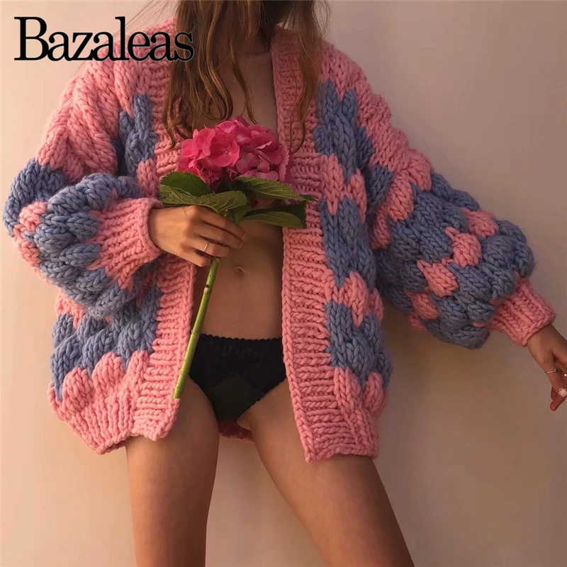 Bazaleas свободный толстый женский вязаный кардиган свитер Харадзюку женские розовые синие свитера пэтчворк Повседневная Прямая