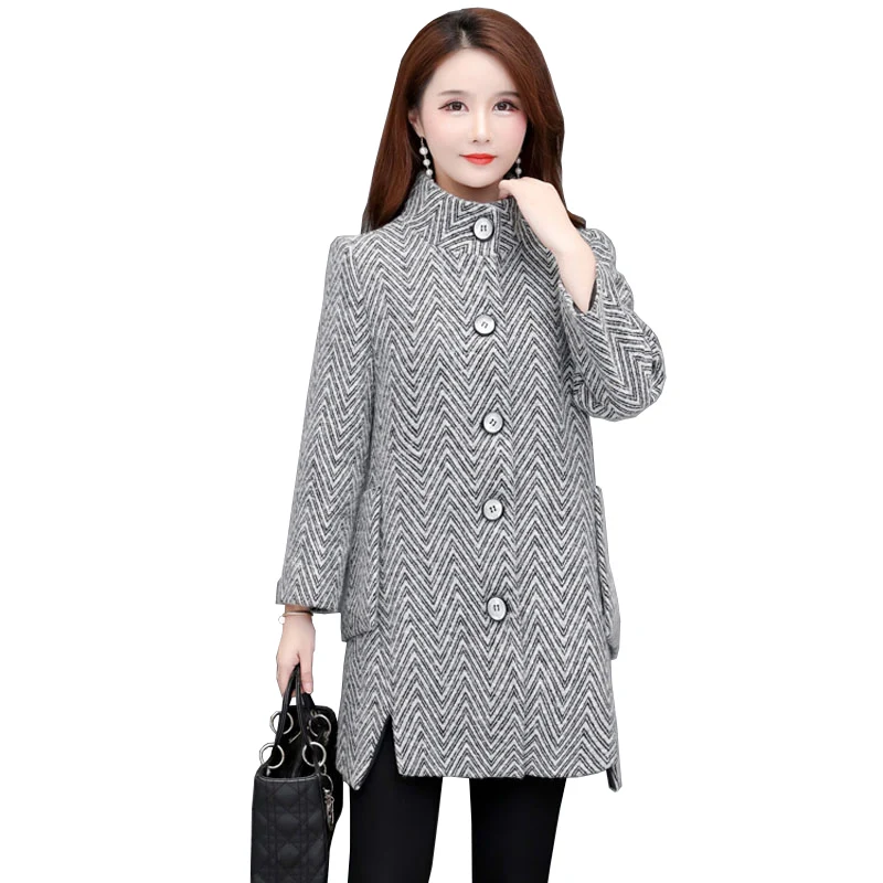 

2019 Middle-aged female woolen coat plus size 5XL stripe cloak coat women autumn winter single-breasted wool blends jackets 2930