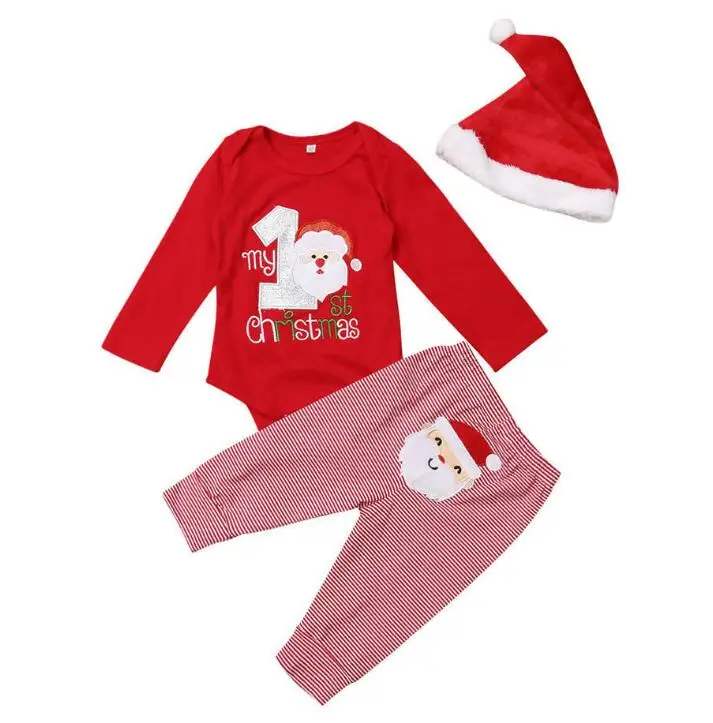 Комплект одежды из 3 предметов для новорожденных с надписью «My First Christmas Santa»; топы с принтом для маленьких мальчиков и девочек; комбинезон; полосатые леггинсы; штаны; XmasBoys; комплект одежды для девочек - Цвет: Красный